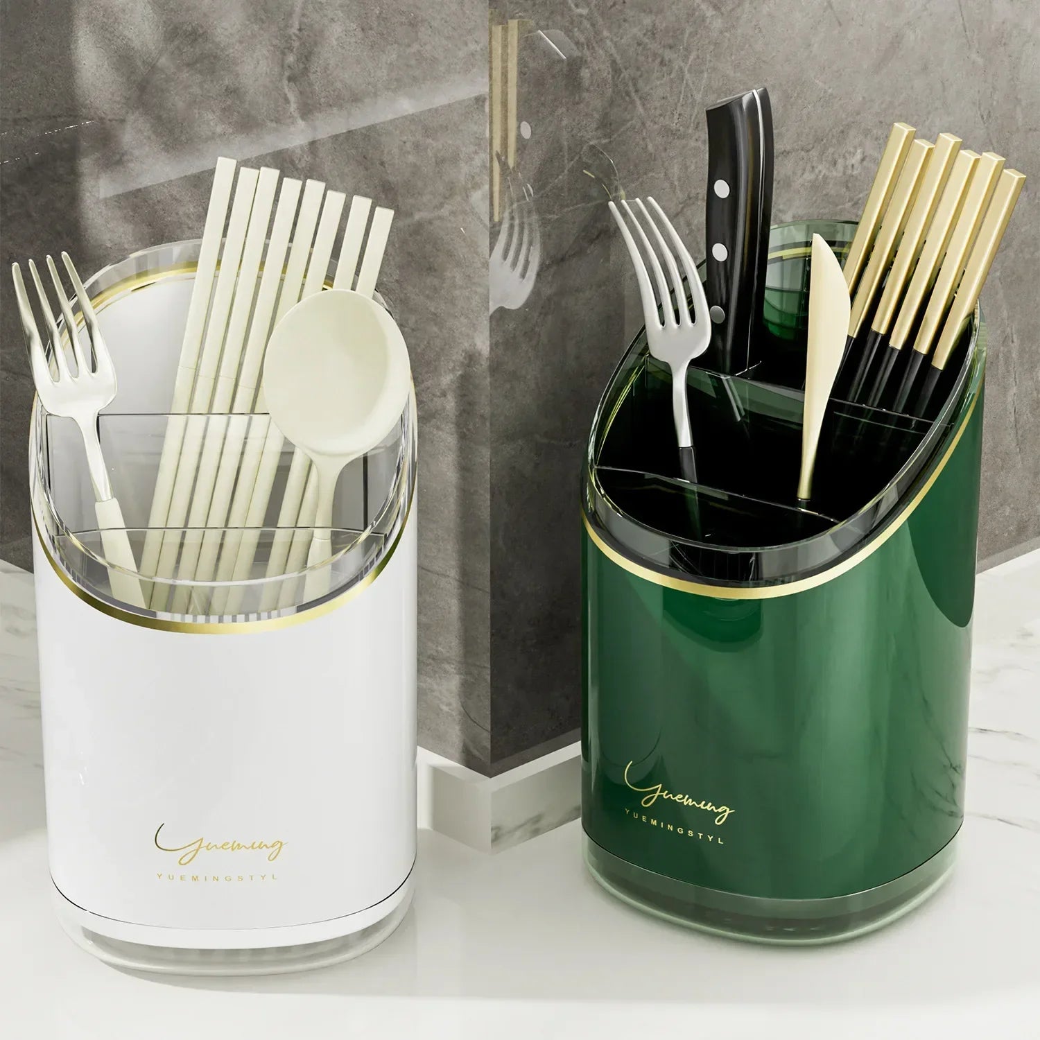 Luxury Chopsticks Holder - White multi-functional draining rack with integrated knife holder