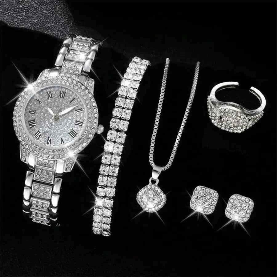 Elegant Crystal Wristwatch & Rhinestone Bracelet Set