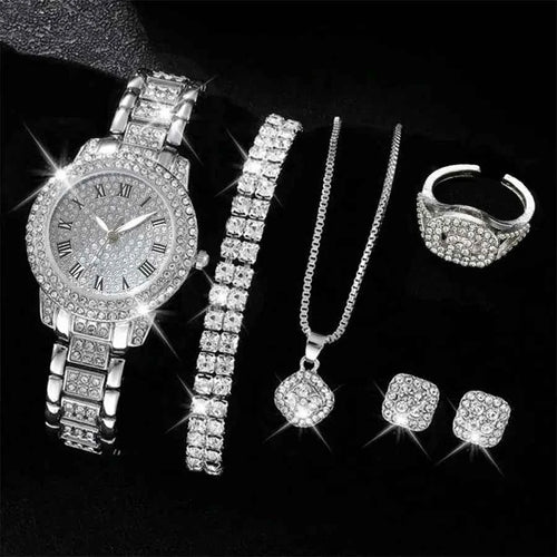 Elegant Crystal Wristwatch & Rhinestone Bracelet Set