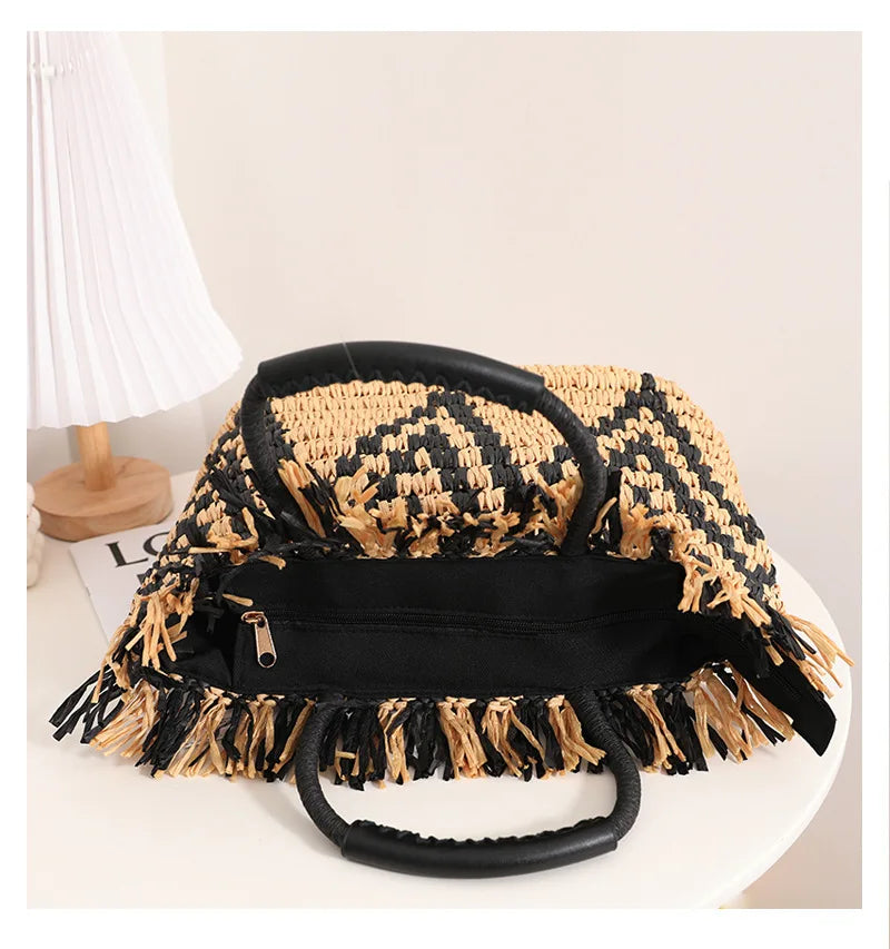Elegant Straw Beach Tote - Tassel Accent