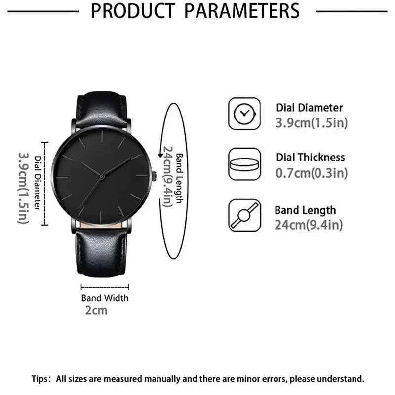 Luxury Mens Quartz Wristwatch Set with Leather Bracelet
