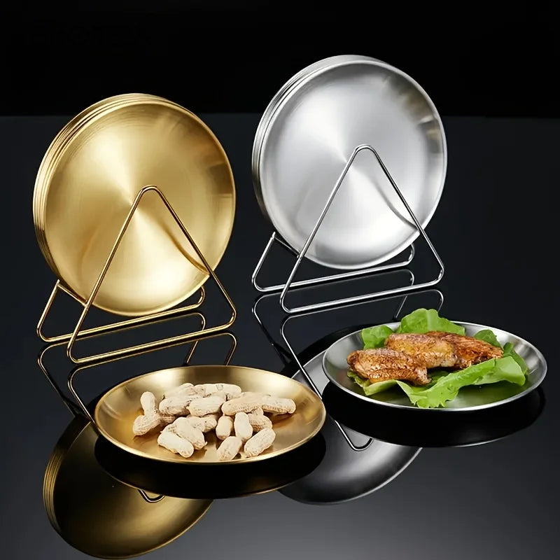 Stainless steel camping plates - 6-piece golden and silvery plate set with black storage rack
