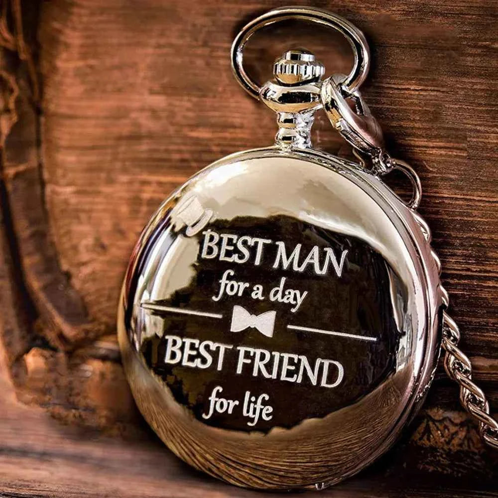 Exquisite  "Best Man for a Day"Black Quartz Movment Pocket Watch Men Fans Souvenir Clock with 80cm Neck Chain Watch Best Man Gif