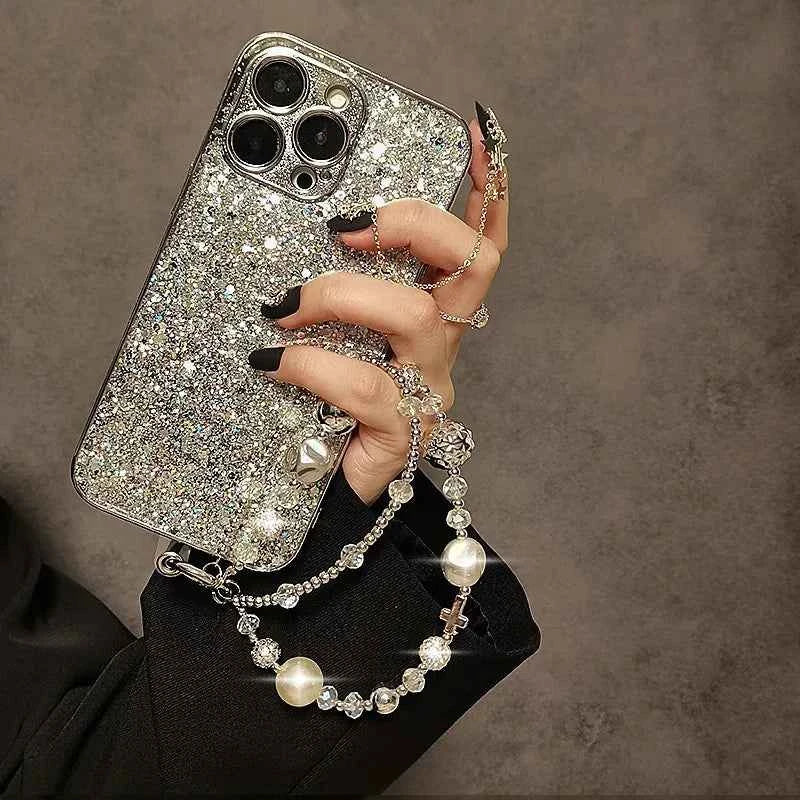 Luxurious Pearl Phone Lanyard - Elegant Crystal Double Chain