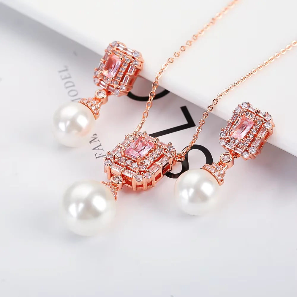 Luxury Pearl Pendant Necklace Earring Set - 18K Gold Plated