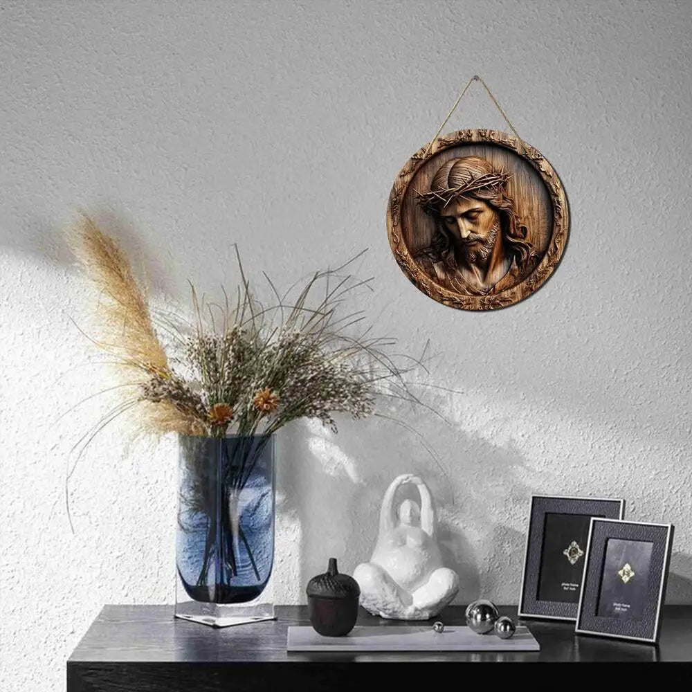Premium Rustic Jesus Wooden Sign - Round Wall Decor