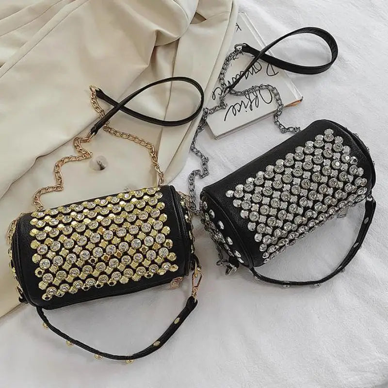 Elegant Cylindrical Shoulder Bag - Luxury Studded Design