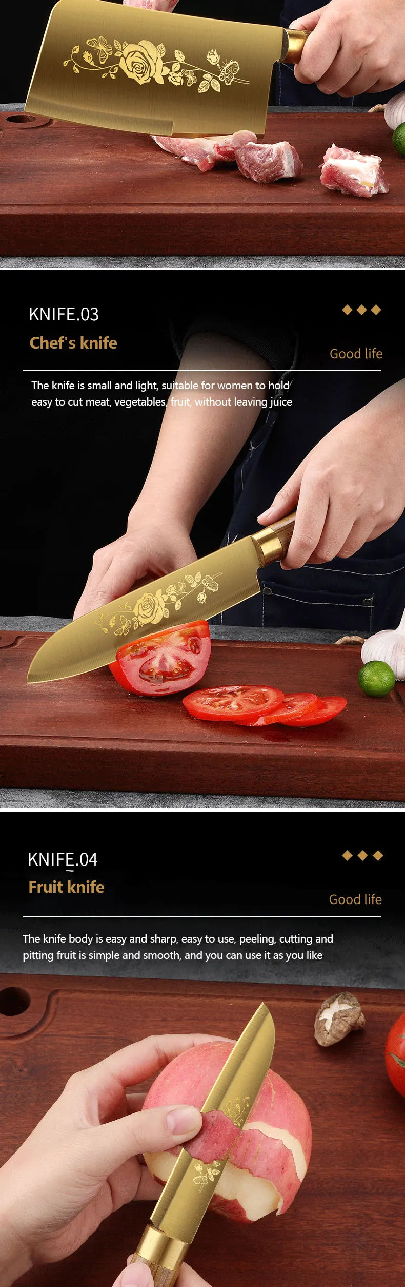 Luxury 4-Piece Chef Knife Set - Golden Rose Pattern Stainless Steel