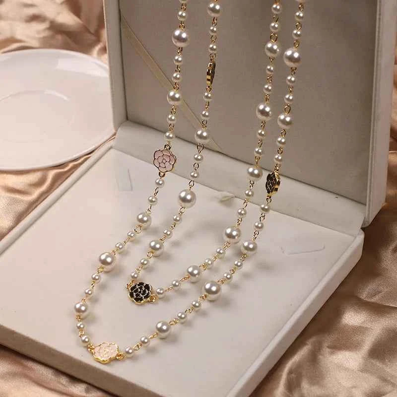 Elegant Long Pearl Necklace - Multilayer Camellia Flower Design