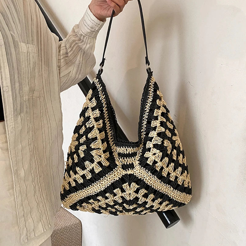 Elegant Knitted Straw Handbag - Hand-Woven Seaside Tote