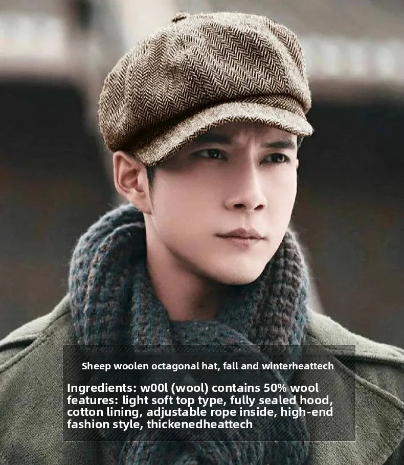 Premium Winter Wool Cap - Thickened Tweed Newsboy Style