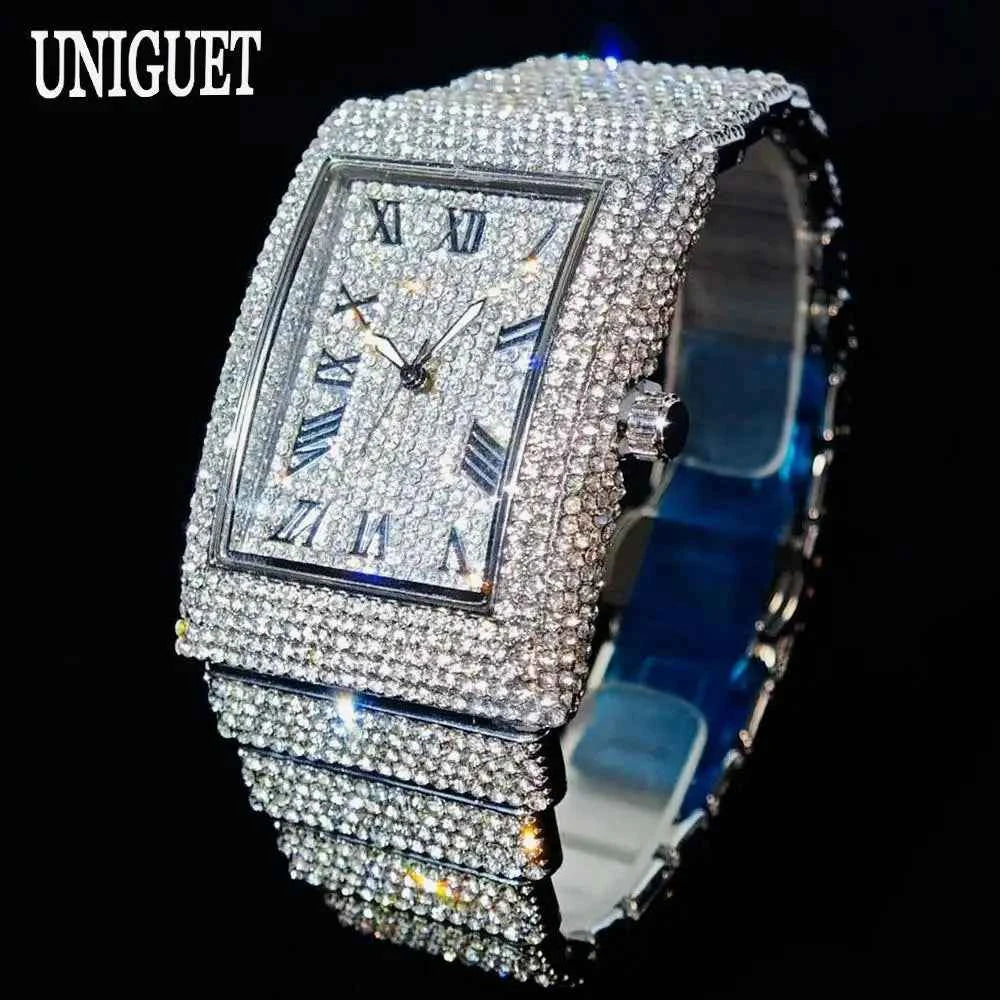 Luxury iced rectangle watch for men with full diamond bling