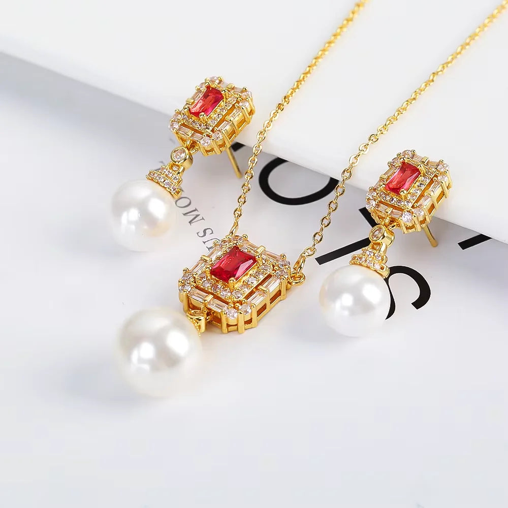 Luxury Pearl Pendant Necklace Earring Set - 18K Gold Plated