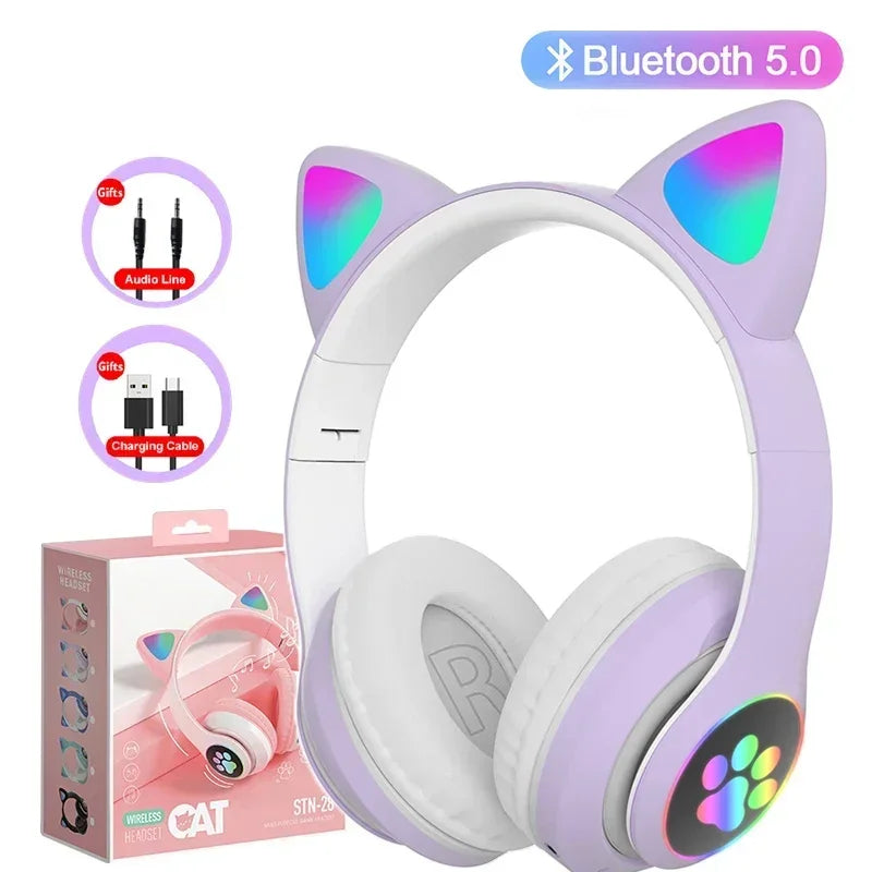 Premium Cat Ear Bluetooth Headphones - LED Stereo & Mic