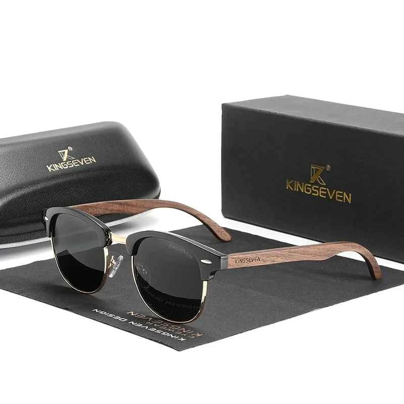 Premium Wooden Sunglasses - Polarized Semi-Rimless Retro Eyewear