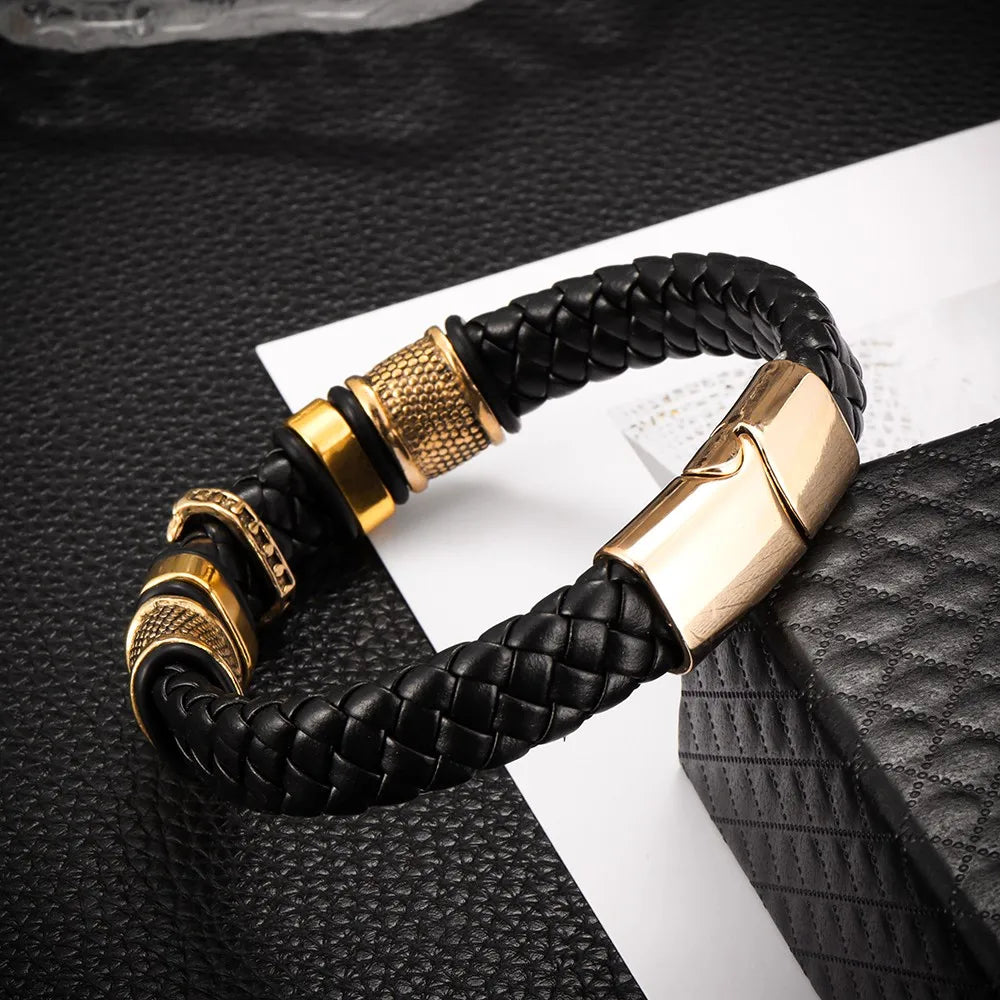 Luxury Men's Titanium Steel Bracelet - Vintage Leather Braided