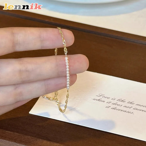 Mini Pearl Hand Bracelet - delicate copper chain with small pearls, minimalist style