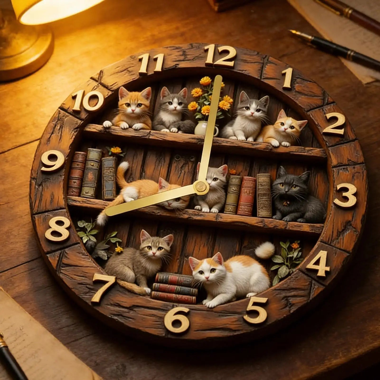 Cat Theme Wall Clock - 11.81-inch wooden silent clock with cute animal design