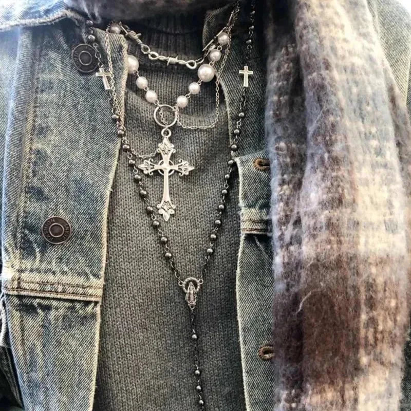 Elegant Baroque Pearl Choker - Multi Layer Cross Necklace