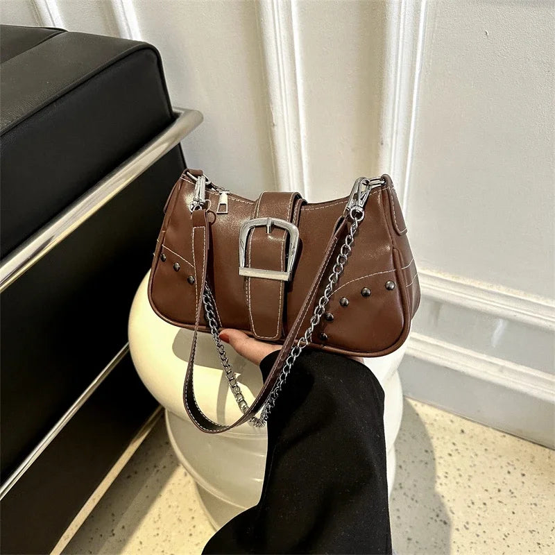 Elegant Vintage Rivet Shoulder Bag - Fashion Chain Accent