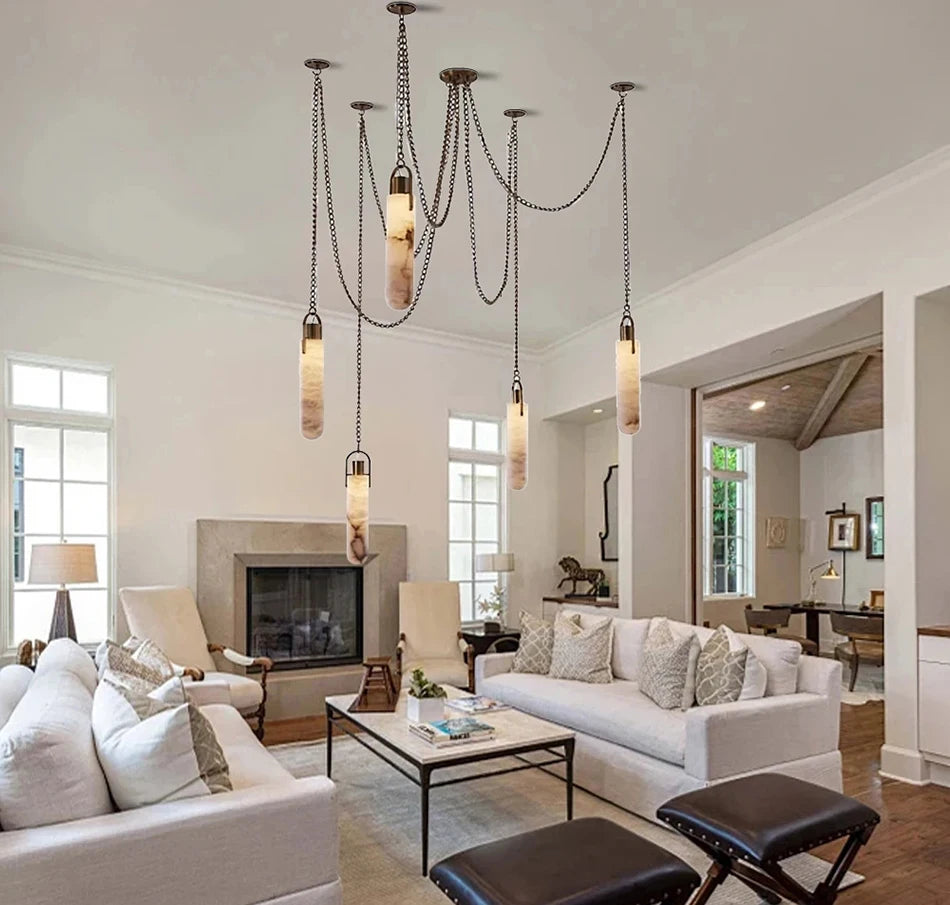 Luxury Marble Pendant Chandelier – Premium Solid Brass Multi-Light Ceiling Lamp for Living Room, Dining Area, Loft & Staircase Decor - Tulique