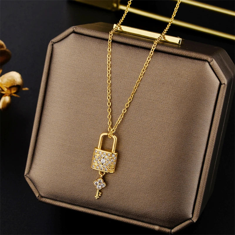 Elegant Zircon Crystal Necklace - Stainless Steel Clavicle Chain