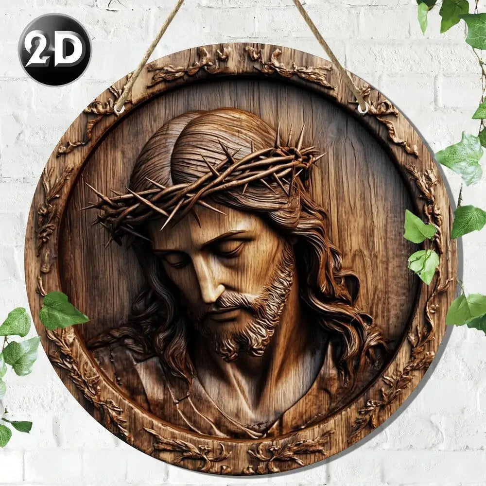 Rustic Jesus Wooden Sign - round Christ mural in classic style on a multi-color background