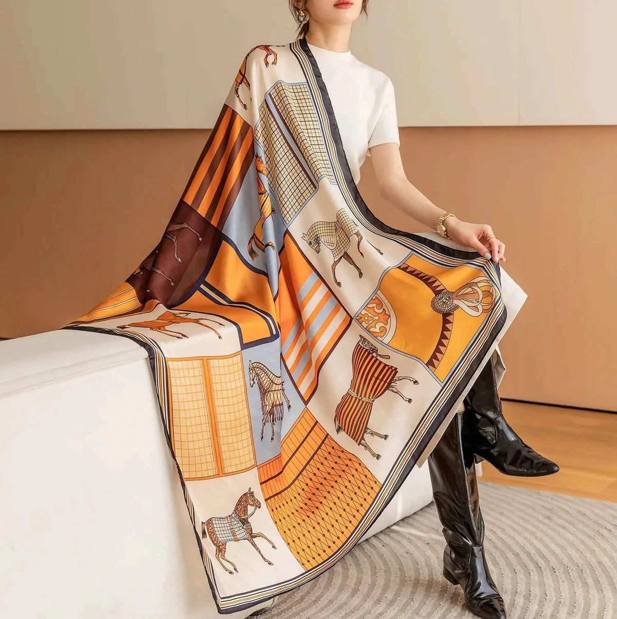 Luxury Horse Print Square Scarf - Vintage Silk Feel Shawl