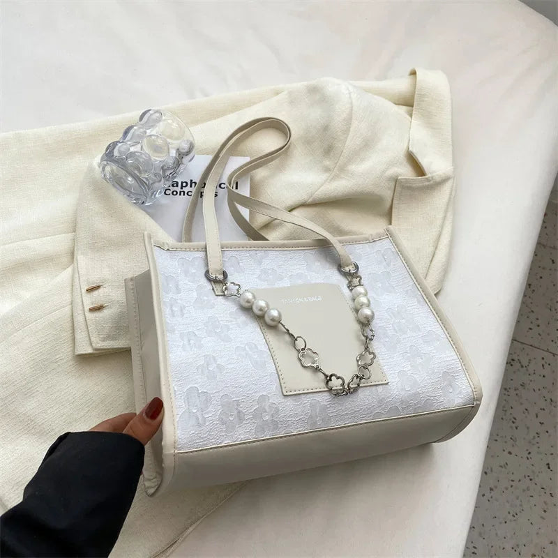Elegant Large Capacity Tote Bag with Pearl Chain