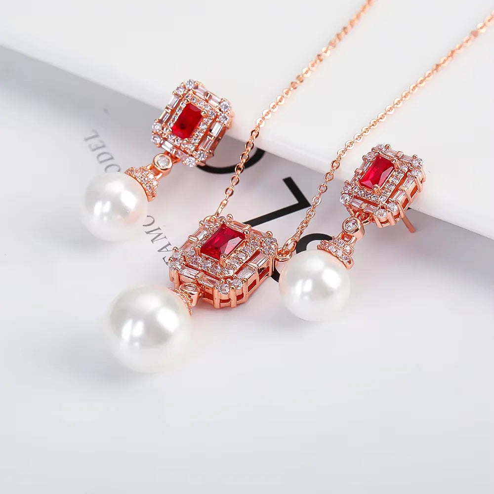 Luxury Pearl Pendant Necklace Earring Set - 18K Gold Plated