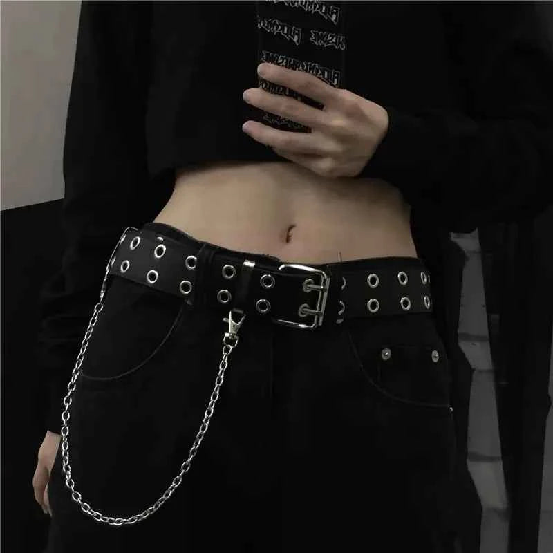Luxury Women Leather Belt with Chain - Retro Punk Pin Buckle