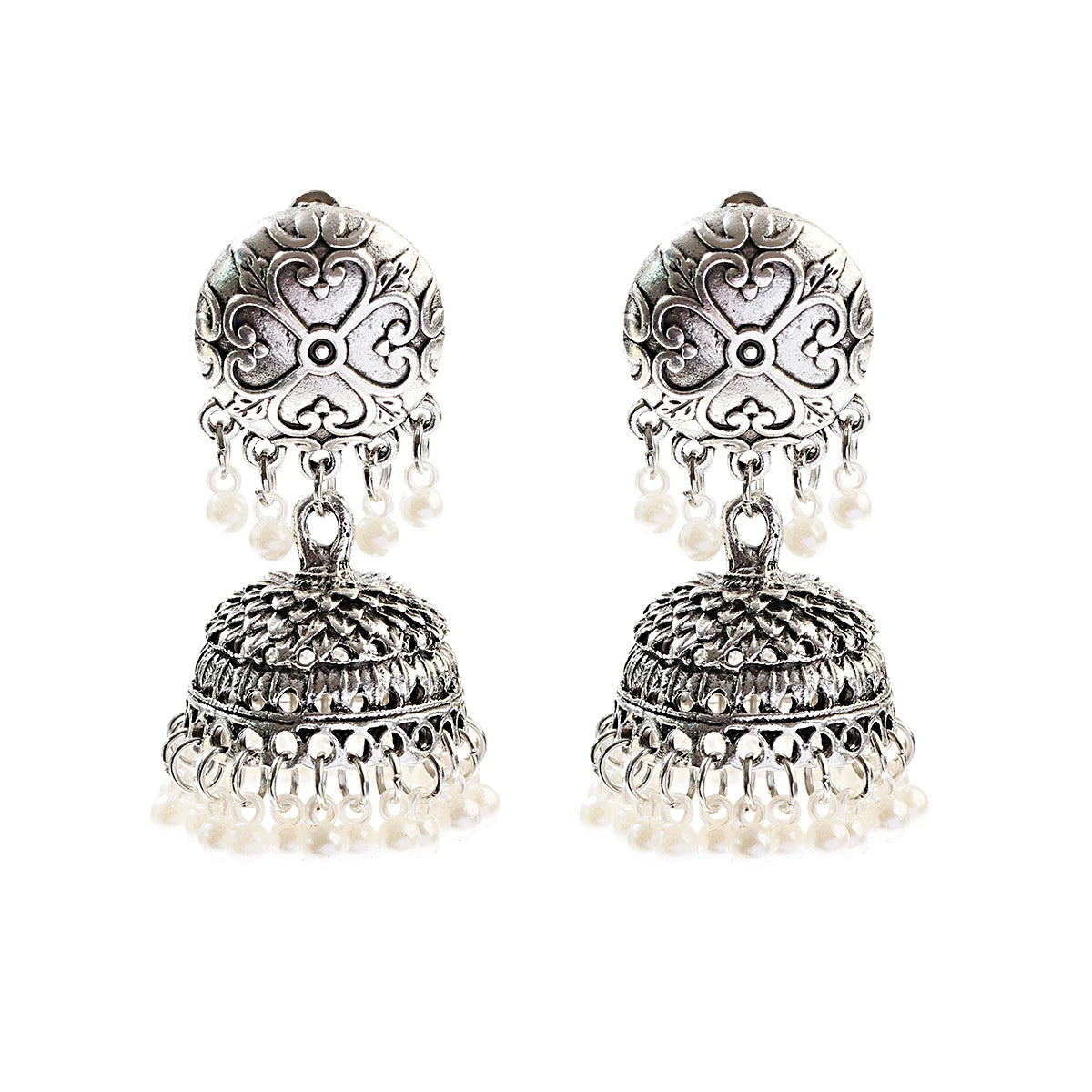 Elegant Indian Jhumka Earrings - Silver Flower Tassel Dangle Design