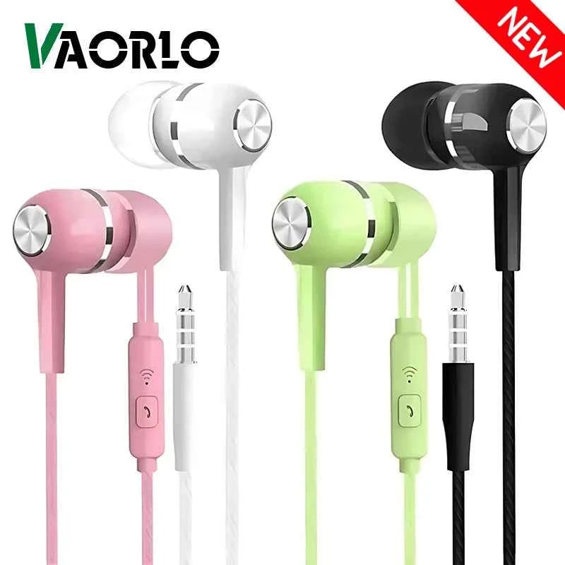 Wired in-ear headphones - black ergonomic earbuds with 3.5mm jack and inline microphone on white background