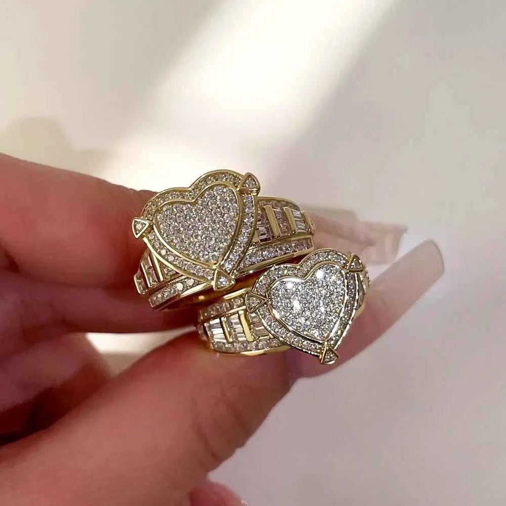 Elegant Iced Out Heart Engagement Ring - Gold & Silver