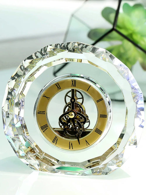 Luxury Transparent Desk Clock - round, vintage style with gold and silver accents, clear crystal body