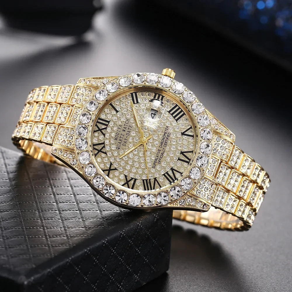 Luxury Gold Quartz Watch - Diamond Rhinestone Calendar