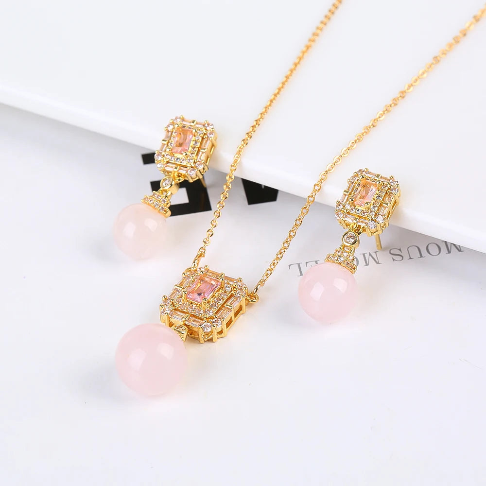 Luxury Pearl Pendant Necklace Earring Set - 18K Gold Plated