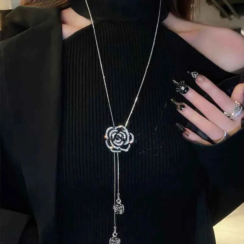 Luxury Crystal Flower Long Sweater Necklace - Elegant Pendant