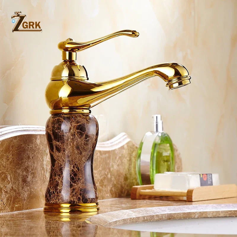 Gold Bathroom Faucet - coffee color marble mixer tap with single handle on a deck-mounted basin