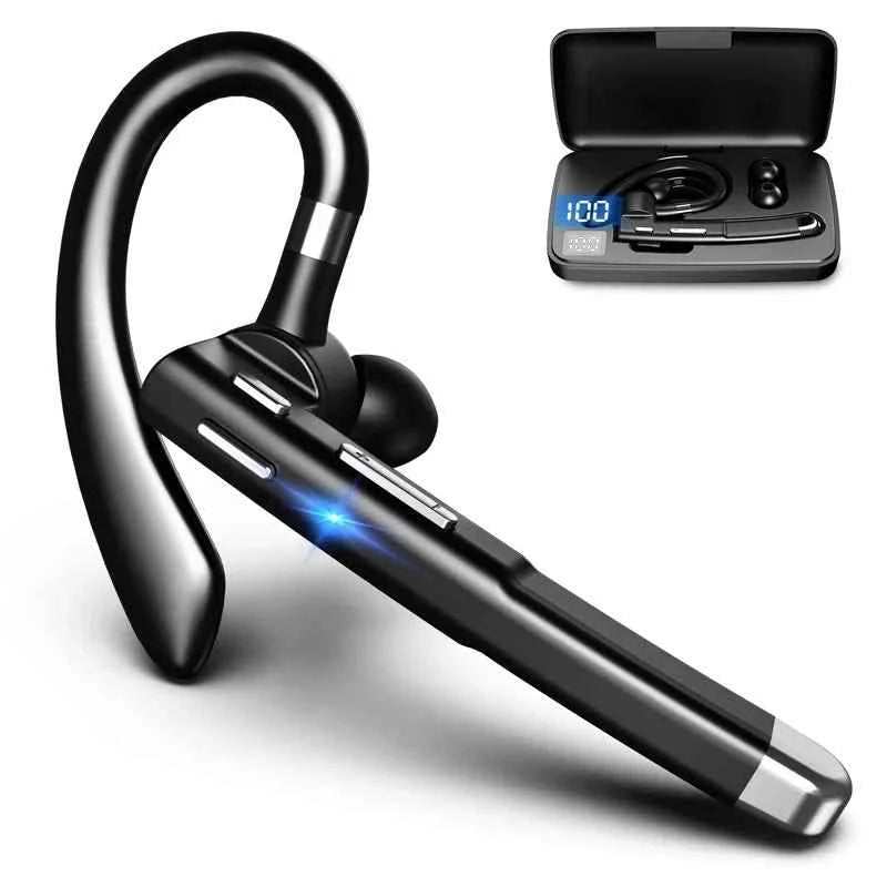 Wireless bluetooth headset - black ergonomic ear hook design with charging case