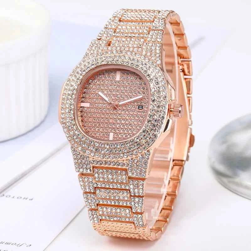 Luxury Diamond Men's Quartz Watch - Stainless Steel with Calendar