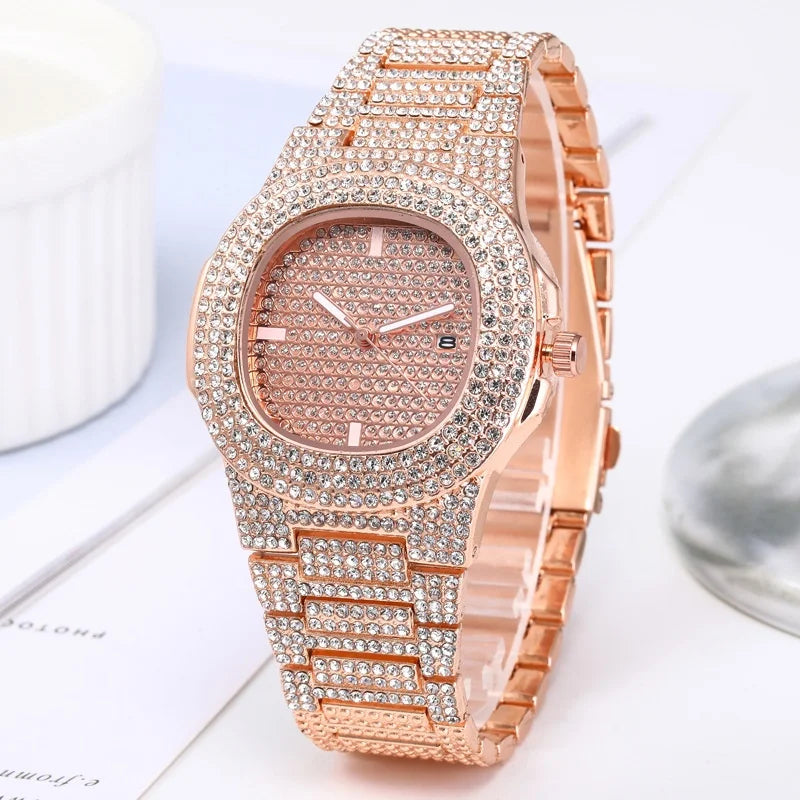 Luxury Diamond Mens Quartz Wristwatch - Stainless Steel Calendar Watch