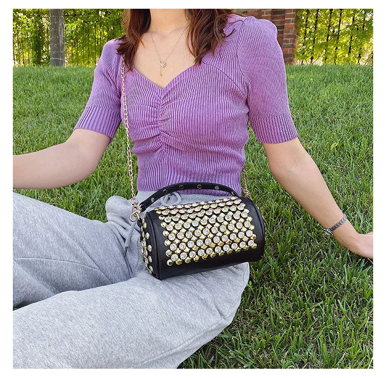 Elegant Cylindrical Shoulder Bag - Luxury Studded Design