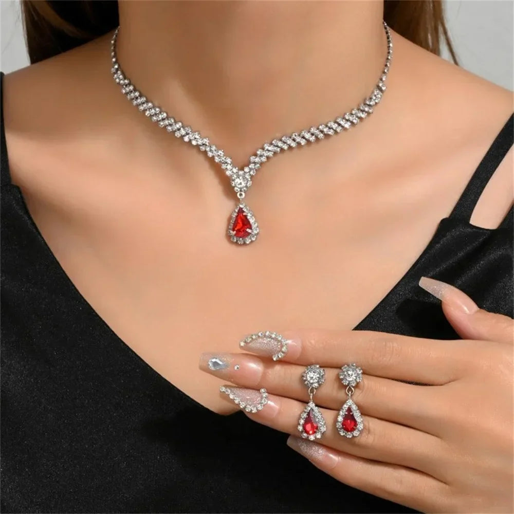 Elegant Crystal Necklace Set - Water Drop Pendant Party Jewelry