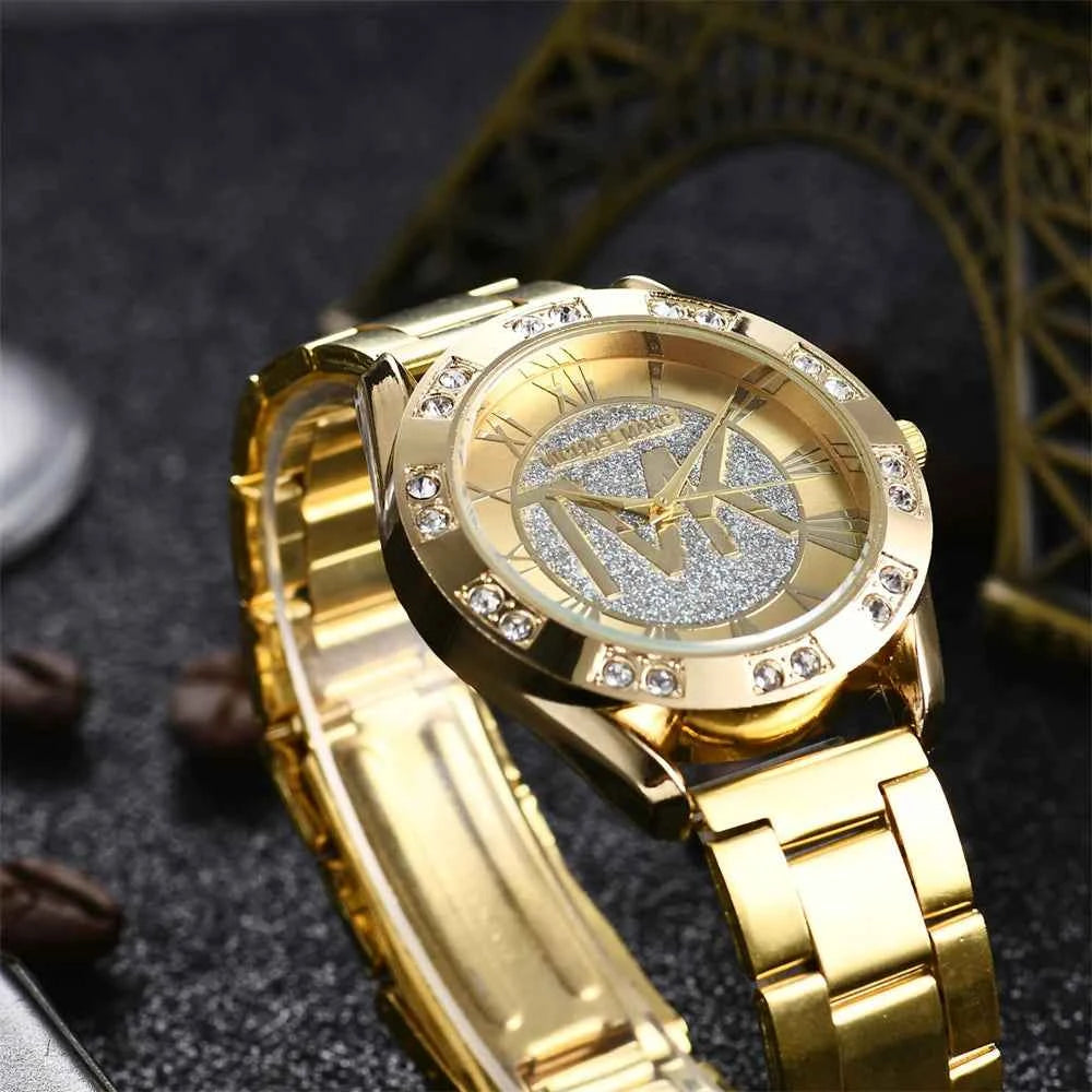 Elegant Women's Gold Quartz Watch with Diamond Accents