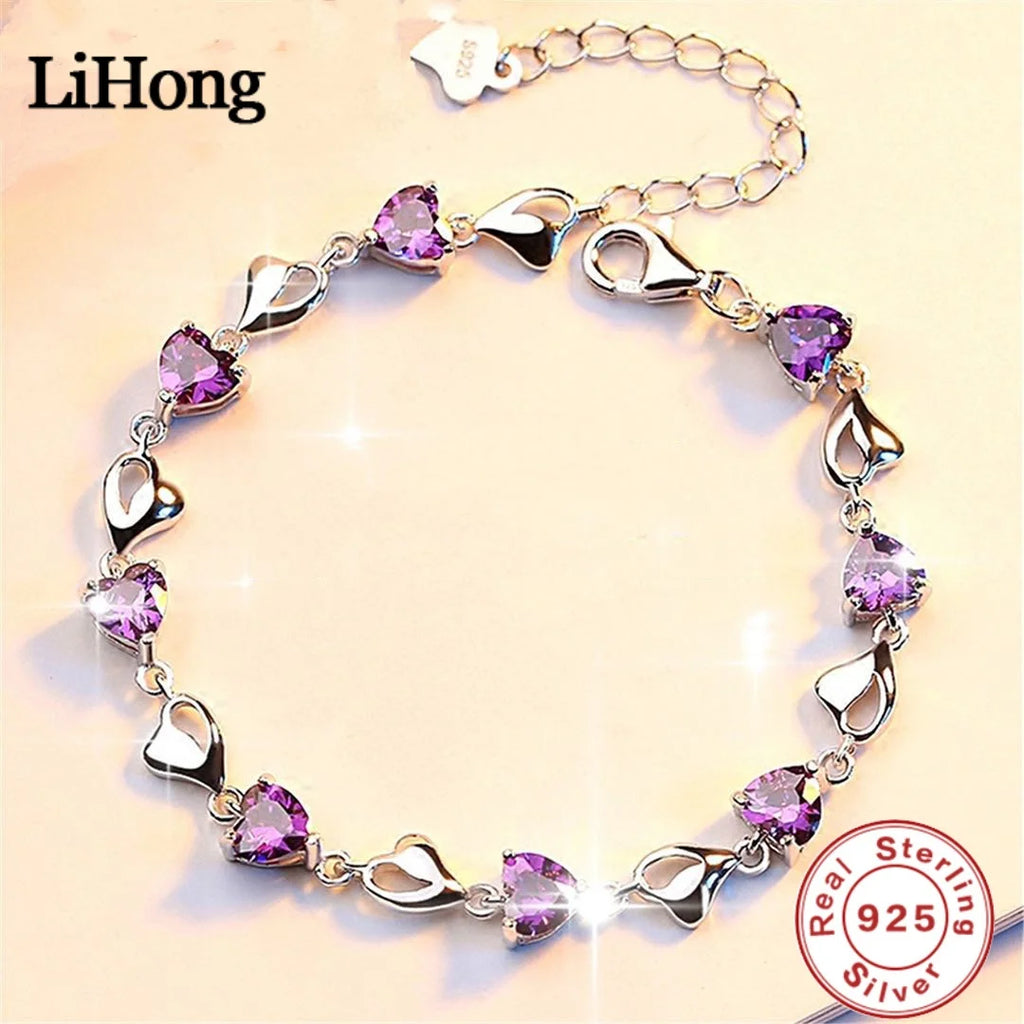 Sterling Silver Zircon Bracelet - elegant S925 bracelet with purple and blue zircon crystals