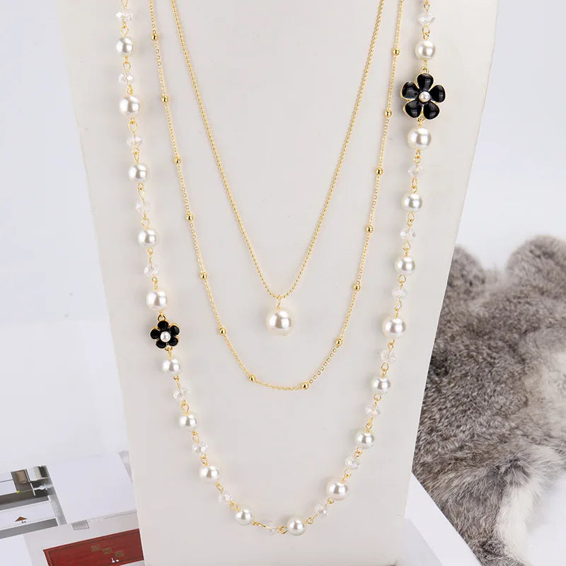 Elegant Long Pearl Necklace - Multilayer Camellia Flower Design