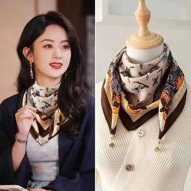 Luxury Silk Square Scarf - Magnetic Buckle & Print