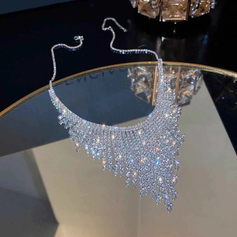 Stunning Rhinestone Tassel Necklace - Silver Bridal Jewelry