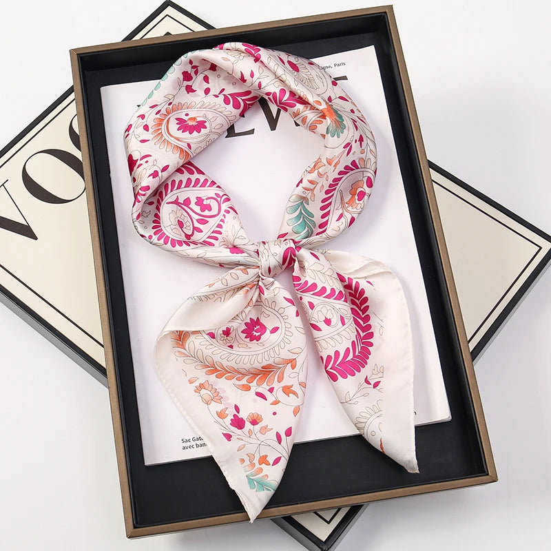 Elegant Bohemian Silk Square Scarf - Floral Satin Neck Scarf